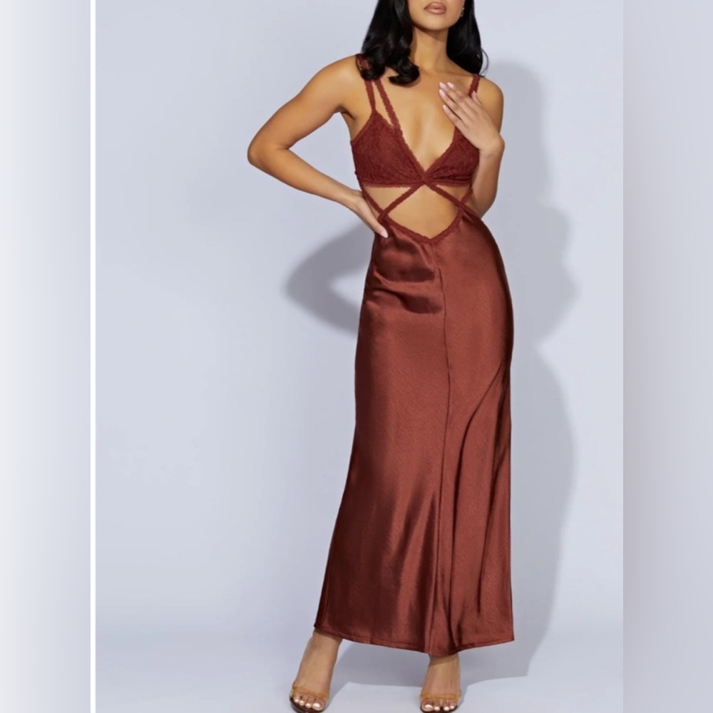 MESHKI Seraphine Cherry Chocolate Lace Cutout Satin Maxi Dress S